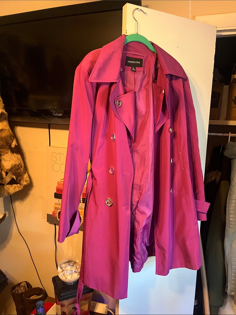 London Fog Women's Fuchsia Double-Breasted Trench Coat